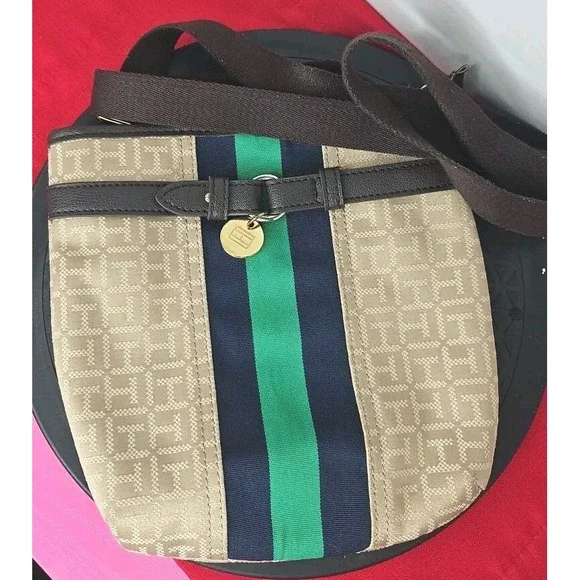 Tommy Hilfiger Tan Blue Square Stripe Crossbody Bag Purse Vintage - Picture 11 of 13